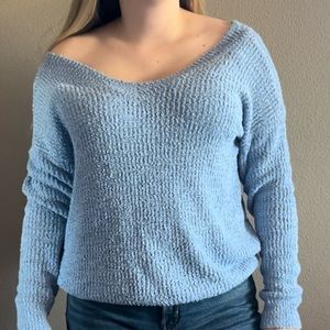 Light blue, off the shoulder sweater